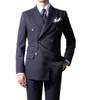 Nova Moda Double Breasted Azul Marinho Stripe Noivo Smoking Padrinhos Pico Lapela Melhor Homem Blazer Ternos De Casamento Dos Homens (Jacket + Pants + Tie) H: 904