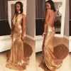 Backless Golden Pailletten Prom Dresses Sexy Hoge Hals Mouwloze Lange Prom Dress Party Jurken Glamoureuze Sweep Trein Cocktailjurk Avondjurk