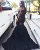 Plus Size Black Mermaid Prom Dresses Sequined Evening Gowns with Sheer Long Sleeves Sexy Formal Dress 3D Flowers