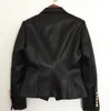 Kvinnors läder faux ny stil toppkvalitet original design smal klassisk blazer jacka metallspännen dubbelbröst svart motorcykel kappa