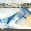 Kvinnor Slim Style Round Toe Blue Denim High Platform Over Knee Thin Heel Boots Cut-out Jean High Heel Boots Dress Shoes
