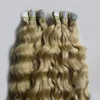 Blond nieprzetworzone brazylijskie kręcone włosy Human Tape Extensions Hair Extensions 100G Stosować Taśma Klej Skóry Wątek Kręcone Taśmy Hair Extensions 40 szt