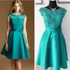 In Stock Elegant Real Picture Teal Green Lace and Satin Knee-Length Sheer Crew Cap Sleeve Formal Party Bridesmaid Dresses