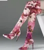 2018 novas mulheres botas de flores skinny booties salto fino sobre o joelho botas altas senhoras sapatos de festa elástica meia botas mulheres