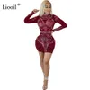 Liooil Women Crystal Dress Långärmad Bodycon Se genom Mesh Dress Svart Vin Röd Aprikos Diamanter Sexig Club Party Dresses