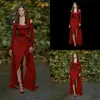 Elie Saab 2018 robes de bal rouges perles à manches longues côté fendu robes de soirée formelles une ligne robe de soirée paillettes