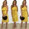 Casual Dresses Women Sexy Summer Solid Color Midi Female Strapless Backless Dressess With Sashes Buttons Ruffle