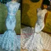 Beaded paljetter Lace Appliques Prom Dresses sjöjungfru Blommor ärmlösa gnistrande aftonklänningar se genom topp sexiga party bär ba8178