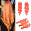 Расширение волос волны тела с закрытием шнурка оранжевые волосы плетет 3Bundles с 4x4 кружева верхней закрытия светло-оранжевый чистый цвет с закрытием