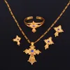 Ethiopian Stone Cross Jewelry Set Gold Color Necklace Earrings Ring Bangle Africa Dubai Bridal Wedding Sets