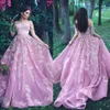the Pink Off Shoulder Prom Dressesl Lace Appliqued A Line Beaded Evening Gowns Sweep Train Formal Pageant Dress
