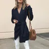 Kadınlar Faux Yün Karışımı Hırka Katı Rahat Ceket Sashes V Boyun Uzun Kollu Çözgü Sonbahar Kış Bandaj Lace Up Palto Dış Giyim