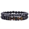 8mm Black Frosted Stone Bracelets Micro Inlaid Zircon Cylindrical Copper Jewelry Men's Bracelet 2PCS/Set