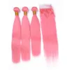 Tissages de cheveux humains péruviens de couleur rose vierge avec fermeture soyeuse droite rose pêche 4x4 fermeture avant en dentelle avec offres de faisceaux de cheveux humains