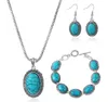 Mode-accessoires Vintage Sieraden Drie Stuks Set Oval Blue Turquoise Ketting Oorbellen Armband Set