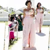 2018 Nieuwe Roze Lange Bruidsmeisje Mouwloze Zuid-Afrikaanse Kant Applique Ronde Hals Split Chiffon Bruidsmeisjes Jurk Op maat gemaakt