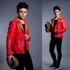 High Quality Men Red Black PU Leather Jacket Coat Tide Male Nightclub Bar DJ Singer Rivet Outerwear Rock Punk Dance Performance Stage Outfit