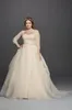 New Vintage A Line Wedding Dresses Cheap Scoop Neck 3/4 Long Sleeves Lace Applique Beads Covered Button Plus Size Sweep Train Bridal Gowns
