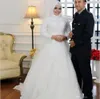 2018 겸손 이슬람 아랍어 높은 목 레이스 웨딩 드레스 라인 긴팔 Appliqued Hijab 신부 가운 플러스 크기