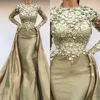 Lourde longue robe de bal sirène avec surjupe manches longues dentelle florale appliques robes de soirée en taffetas Sexy Robe De Soirée Dubaï For246s