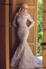 Blaue muslimische Abendkleider 2023, Meerjungfrau, lange Ärmel, Applikationen, Spitzenschal, islamisches Dubai, Saudi-Arabien, langes, elegantes Abendkleid