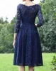 Elegante Royal Blue Lace Bruidsmeisje Jurken Bateau 3/4 Lange Mouwen Knielengte Bruiloft Jurk Goedkoop