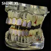 New Custom Fit Hip Hop Gold Teeth Grillz Caps Micro Pave Fuchsia Cubic Zirconia Top & Bottom Grills Set for Christmas Gift Women195b