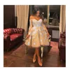 Long Sleeve Champagne Prom Dress With Sky-Blue-Appliques Fashion Off Shoulder Tulle Knee Length Party Dress Stylish Short Homecoming Dress