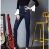 Grande taille 2018 taille haute à lacets bleu Jeans femmes Double boutonnage Skinny Denim pantalon mode extensible crayon pantalon