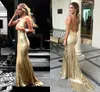 Gorgeous Gold Sequin Mermaid Evening Dresses V Neck Appliqued Straps Backless Plus Size Evening Gowns Sexy Prom Klänningar Sweep Train
