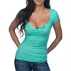 Kobiety Sexy V-Neck Top Podstawowe Głębokie Cleavage Plunge Krótki Rękaw Summer Casual Koszula Niski Cut Button Decor Stretch Bluzka