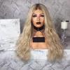 Ombre Light Blonde lace front Wig With Brown Roots Long Wavy two tone color Glueless Synthetic Lace Wigs For Black Women