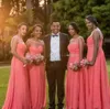 Bridesmaids Dresses Long Formal Plus Size Coral Bridesmaid Dress Sheer Bateau Neck Sleeveless Beading Pearls Ruched Maid of Honor Gown
