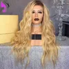 Ombre 1B/Blonde Wig Long Body Wave Heat Resistant Fiber Glueless Synthetic Lace Front Wigs with Dark Roots for Women