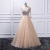 Empire Waist A-line Prom Dress Champagne V-neck Sheer Long Sleeve Crystal Beaded Draped Formal Dress Evening Gowns Real Image Graduation