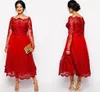 2018 goedkope rode moeder van de bruid jurken off shoulder lange mouwen kant appliques thee lengte plus size party jurk bruiloft gasten jassen