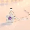 Jewelry Trendy Cherry Blossom Peach Flower Anniversary Gift Pendants & Necklace Pink Cubic Zirconia Necklace for Women Silver Plated