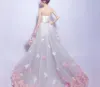 高い低恋人のウエディングドレス3 dの花のアップリケバックレスドレスイブニングのイブニングウェアチュールAラインフォーマルパーティーガウン