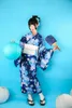 日本語標準の着物バスローブスーツの伝統的な夏の犠牲ドレスレディリネン正式な修正版キモノベージュブルー