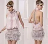 Abiti da cocktail corti vintage Great Gatsby rosa collo alto con abiti da occasione per feste da ballo senza schienale con perline scintillanti di piume