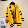 2018 hiver Cardigan femmes surdimensionné jaune pull marque de mode chien imprimer col en v décontracté tricoté longs chandails chaud tricots