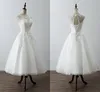 2022 Photo réelle longueur de thé robe de mariée courte pas cher col transparent avec dentelle Applique Cap manches courtes Corset dos Tulle mariage de style campagnard