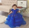 2020 Spitze Ballkleid Blumenmädchenkleider Kurzarm Königsblau Mädchen Festzug Kleider Abgestufter Tüll Kinder formelle Kleidung für Hochzeit Party