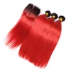 Wefts T1B Red Dark Root Ombre Peruvian Human Hair Weaves 3 Bundles with Closure Straight Ombre Red Bundle Deals with Lace Front Closure