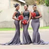 Nigeria grå sjöjungfru brudtärna klänningar hög nacke ärmlös spets och satin piga av ära klänningar för bröllop lång brudtärna klänning