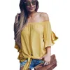 섹시한 오프 숄더 여성 블라우스 옷 가을 노랑 Strapless 매듭 전면 3/4 슬리브 탑 셔츠 여성 Blusas