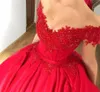 Modest Off Shoulder Red Ball Gown Quinceanera Dresses Appliques Beaded Satin Corset Lace Up Prom Dresses Sweet Sixteen Dresses