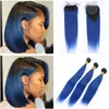 Straight # 1b / Blue Ombre Peruvian Human Hair Weave Buntlar Dark Root With Closure Three Del 4x4 Lace Closure Ombre Blue With Bundle Deals