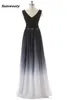 Sex prom klänningar bälte rygglös gradient färg svart chiffong formell tillfälle afton klänningar riktiga foton plus storlek