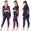 Contast Renk Seksi Sıska Tulum Kadınlar Uzun Kollu Derin V Yaka Bodycon Romper Retro Ön Fermuar Kapüşonlu Parti Catsuit S-XL